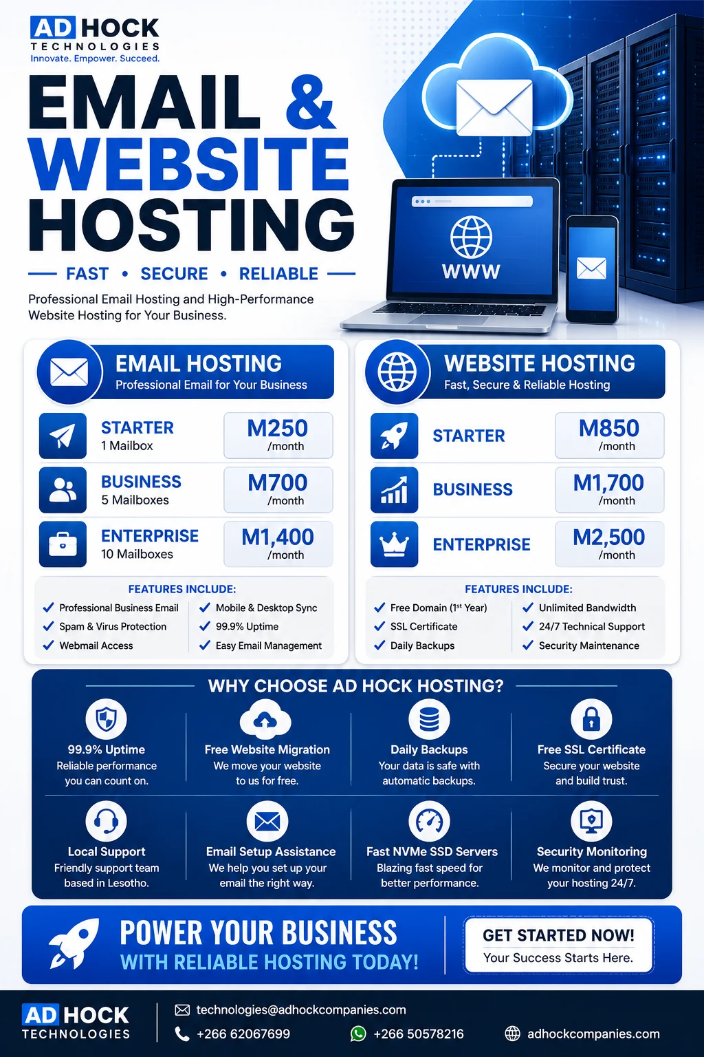 Email and website hosting price list